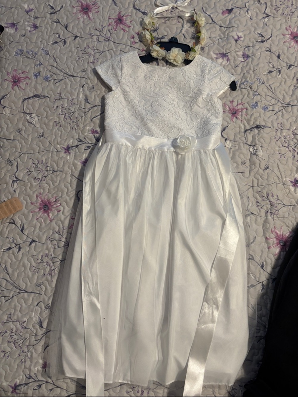 White Lace Bodice Girls' Flower Girl or First Communion Dress w floral headpiece